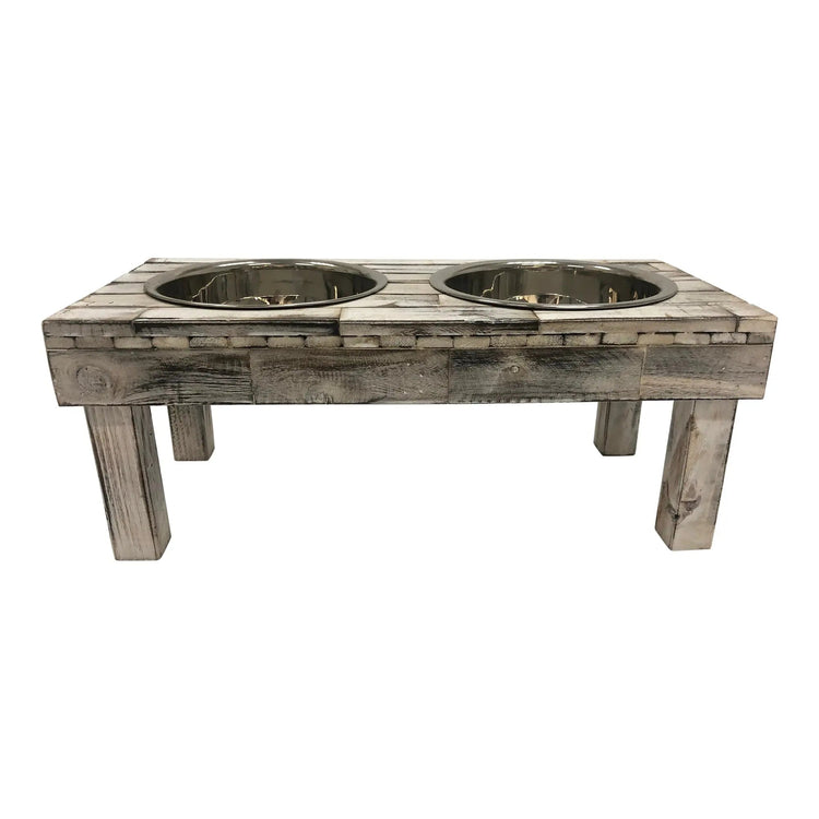 Huntley Pet Berjen Table Elevated Double Bowl Pet Feeder, White Wash