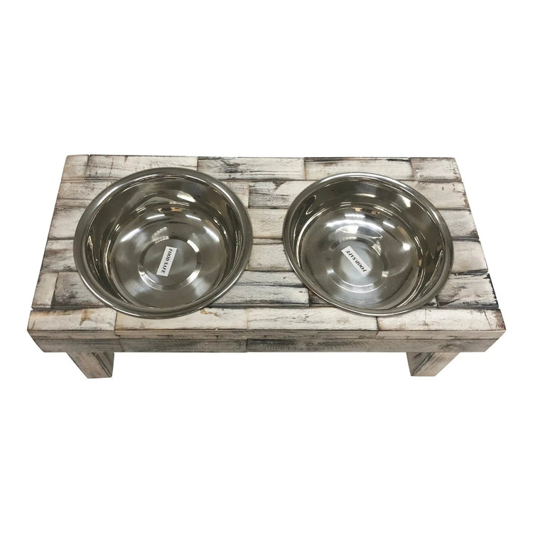 Huntley Pet Berjen Table Elevated Double Bowl Pet Feeder, White Wash