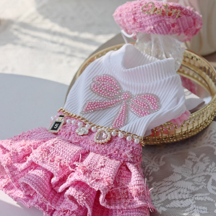 Handmade Chic Puppy Suit Pink Tweed Skirt Outfit