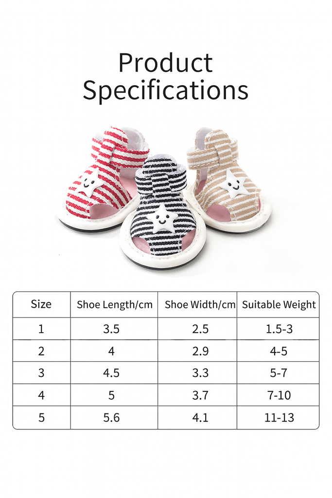 Striped Dog Sandals Anti-Slip Soft Puppy Shoes Adjustable Velcro Breathable Pet Footwear for Small Dogs