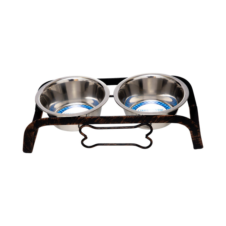 Country Living Rustic Dog Bone Elevated Feeder with 2 Stainless Steel Bowls