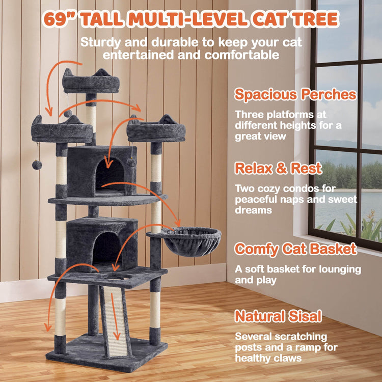 Renwick 69in Large Cat Tree Tower with Condos & Scratching Board - Dark Gray