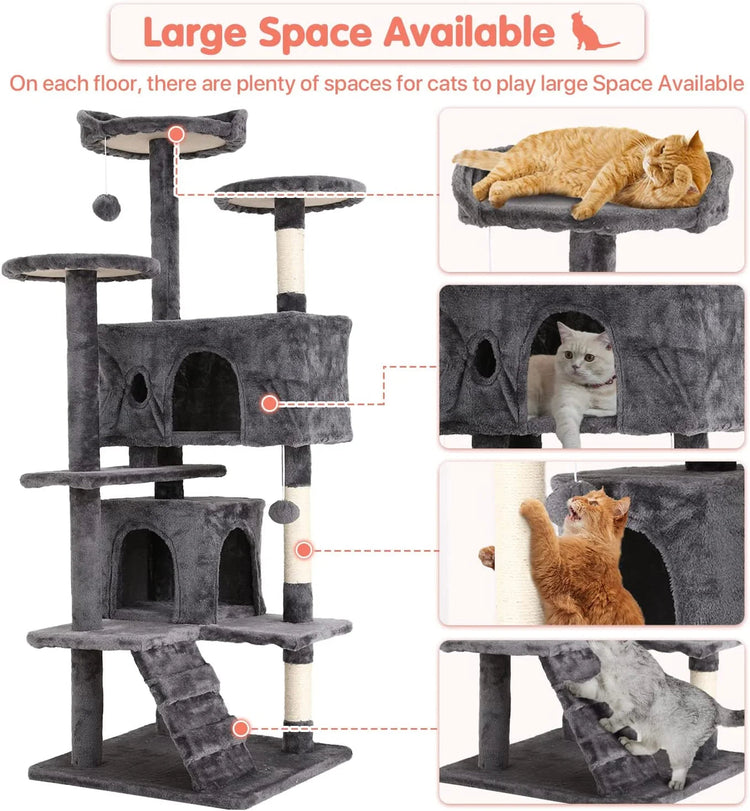 Ultimate 54-Inch Double Condo Cat Tree Tower with Scratching Post & Cozy Perch for Indoor Cats - Stylish Ashy Design