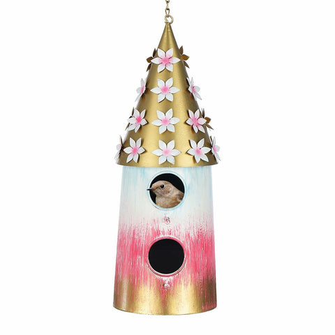 BAYN 2-Story Double Hole Golden Metal Hanging Bird House Outdoor